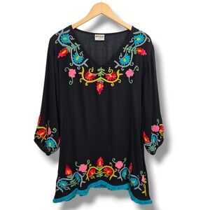 Shoreline Tunic Top L/XL Women Black Floral Embroidered Fringe Boho Hippie Artsy